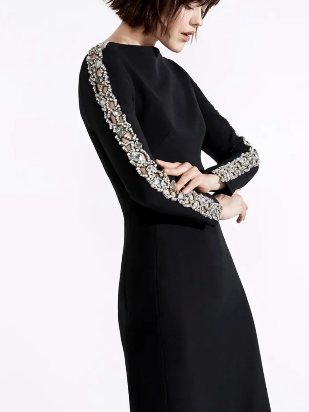 Jenny Packham Black Long Sleeve Sheath Dress with Crystal-Embellished Sleeves